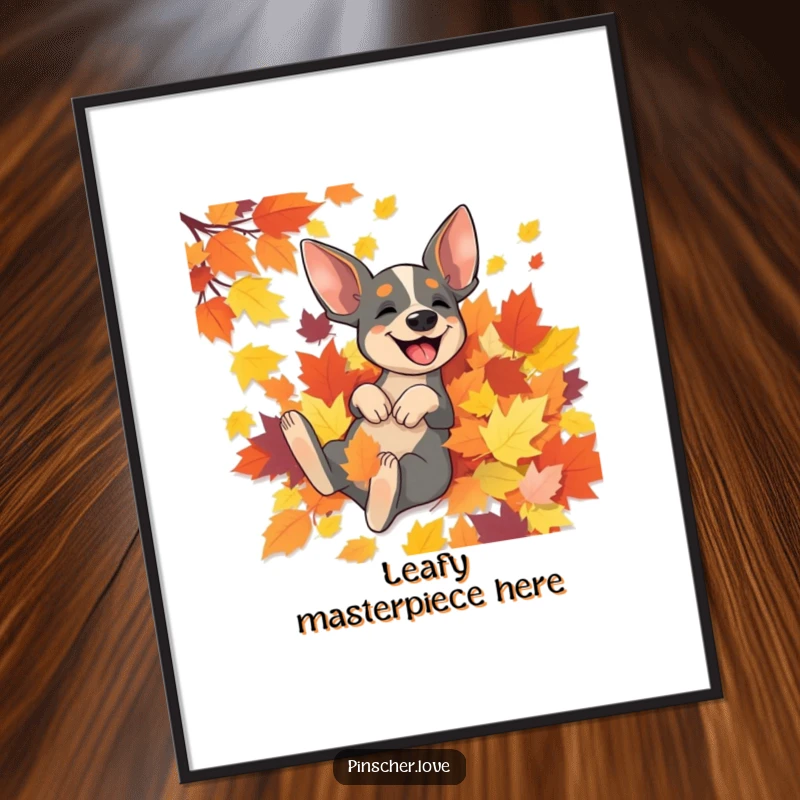 Funny Pinscher digital art print capturing a Pinscher dog's ecstatic moment rolling in a plentiful pile of colorful autumn leaves.