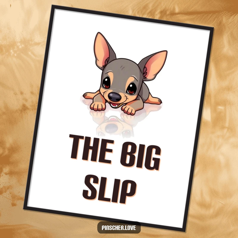 Funny Pinscher digital art print capturing a Pinscher dog's comical slip and slide on a very slick, polished surface.