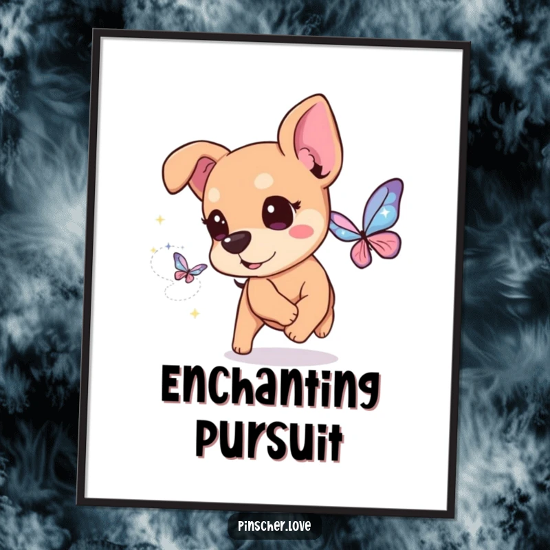 Funny Pinscher Digital Print: A joyful pinscher dog with twinkling eyes chases a butterfly made of shimmering, magical sparkles.