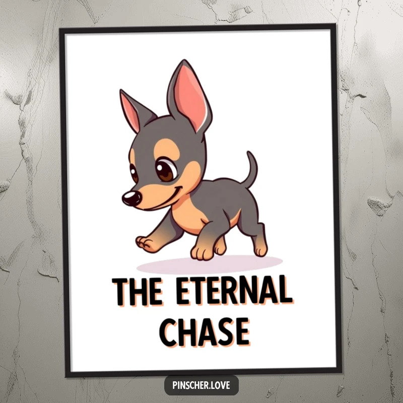 Funny digital art print of a Pinscher dog chasing its tail, perked ears, high-resolution download, perfect funny gift for art lovers.