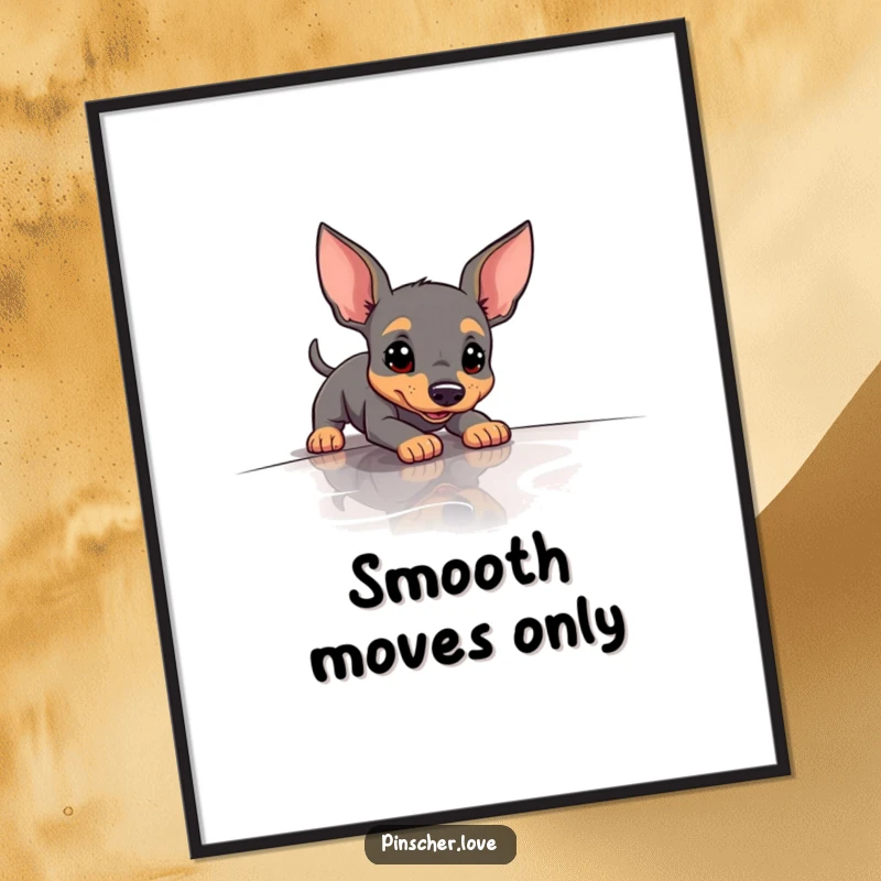 Funny Pinscher Digital Art Print of a dog comically slipping on a slick surface, perfect for humorous decor.