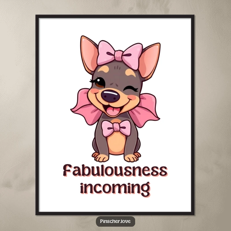 Funny Pinscher Digital Art: A delighted pinscher wears an enormous, floppy bow and winks, a stylish and humorous downloadable print for art lovers.