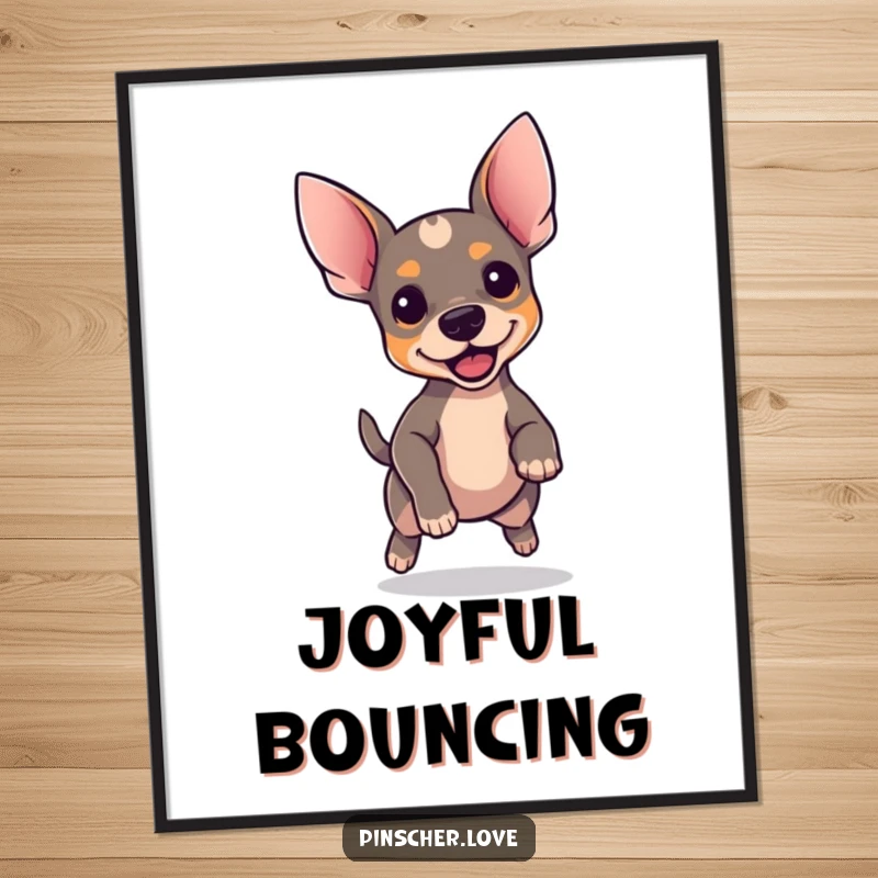 Funny Pinscher digital art print, downloadable artwork of a dog with perky ears bouncing excitedly, cheerful canine, instant gift.