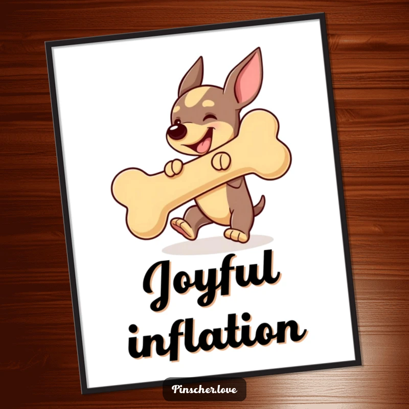 Funny Pinscher dog digital art, joyfully bouncing a giant squeaky bone, a celebration of pure canine happiness.