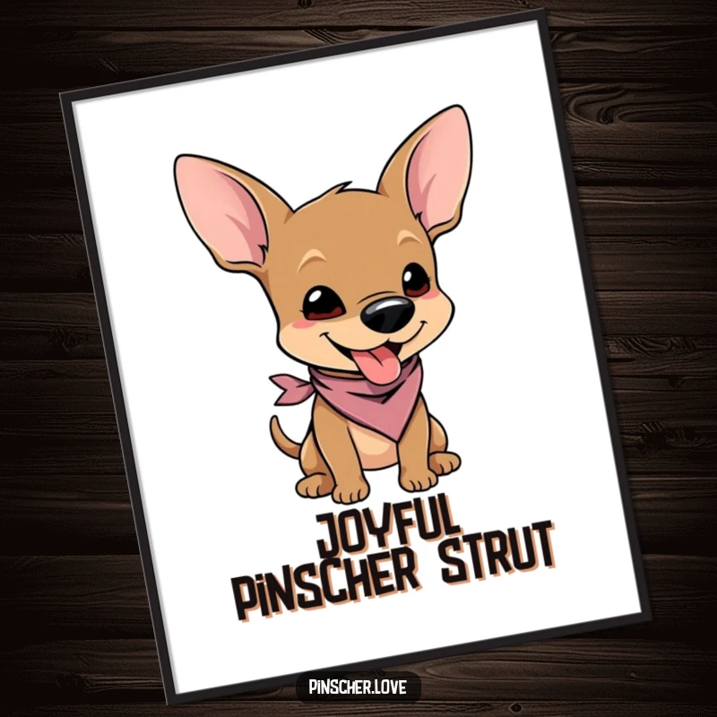 Funny digital art print of a pinscher character in a tiny bandana, wiggling with pure joy and radiating cuteness.