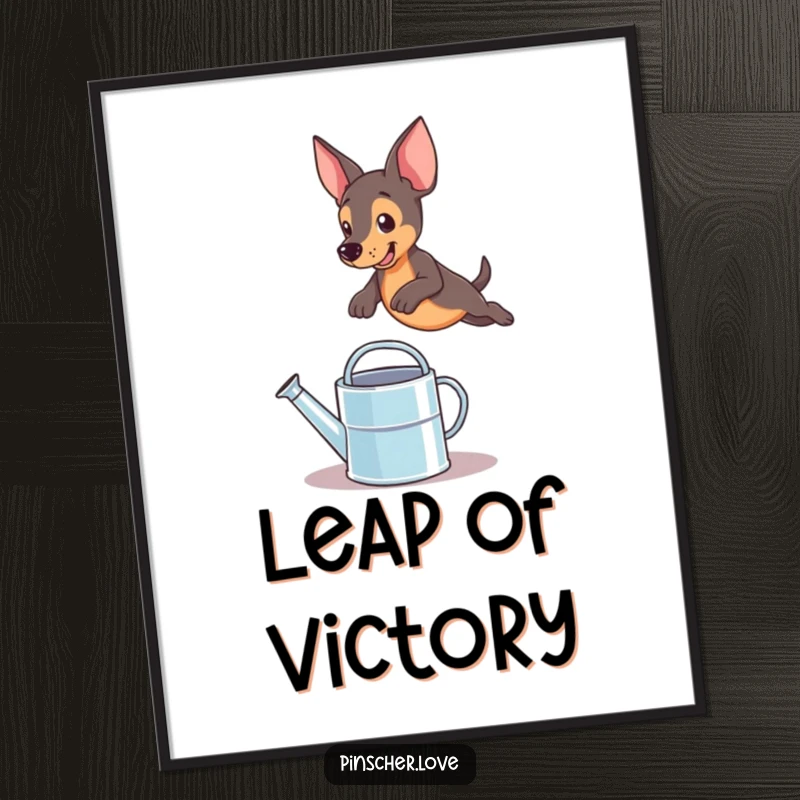 Funny pinscher dog's dynamic leap over a watering can, a high-resolution digital art print for instant humorous decor