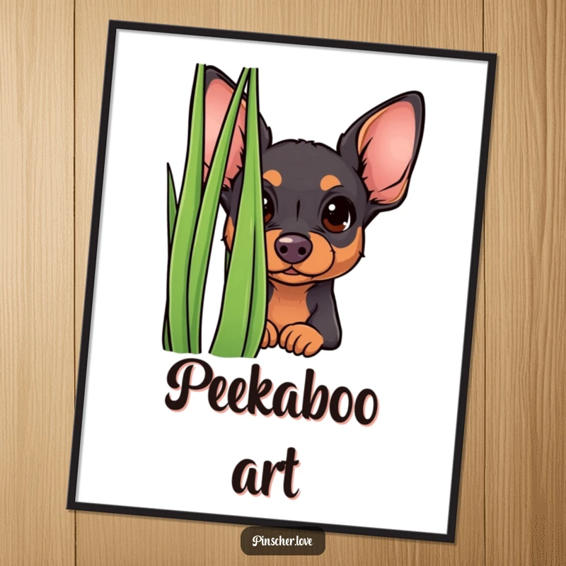 Funny curious pinscher digital art print, showing a small dog peeking from behind grass with a curious expression. Playful and humorous decor.