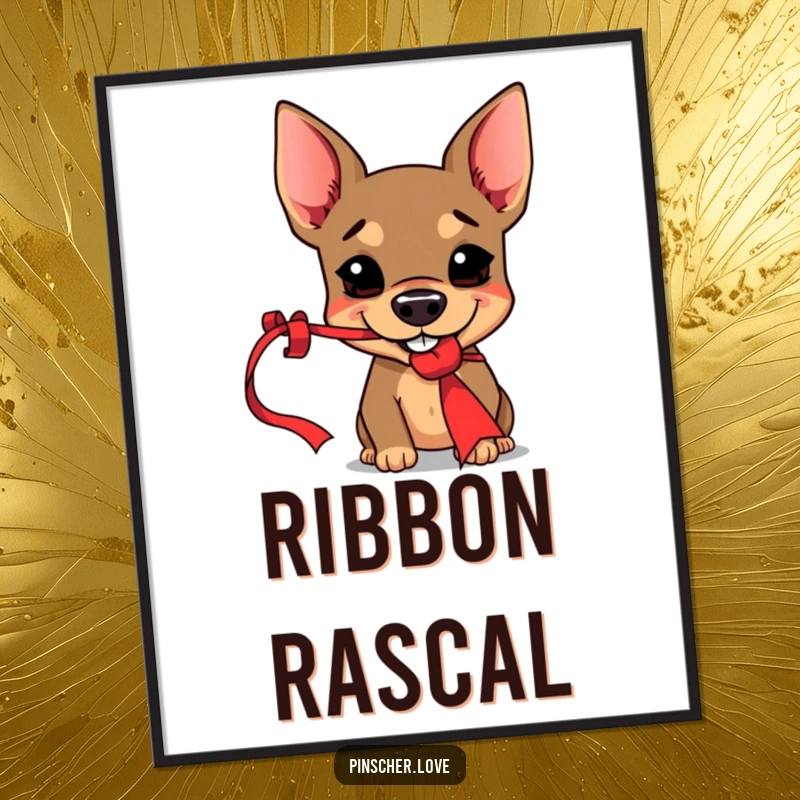 Funny Pinscher digital art print of a mischievous dog grinning while playfully snagging a dangling red ribbon, delivering instant humor.