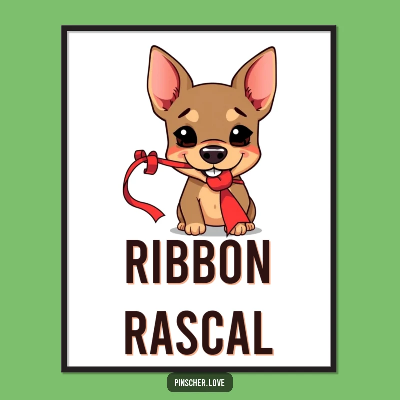Funny Pinscher Digital Art - Mischievous Grin, Red Ribbon - Instant Humor Gift
