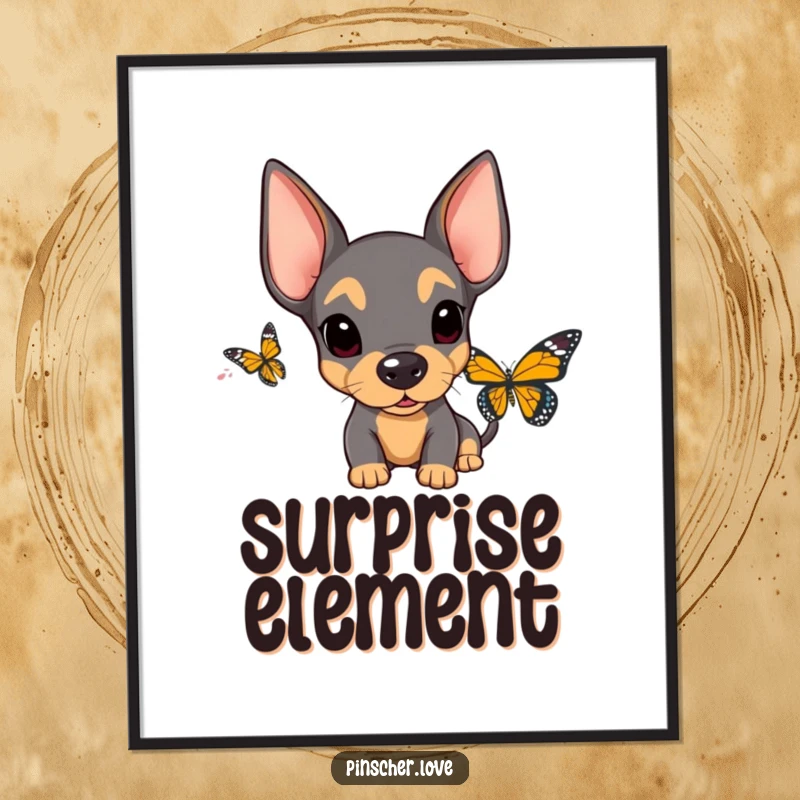 Funny Surprised Pinscher Digital Art: High-resolution art of a pinscher with wide eyes and floppy ears showing comical surprise at a butterfly.