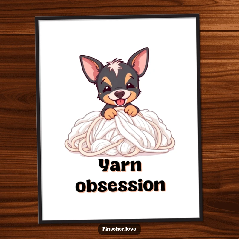 Funny Pinscher digital art print of a Pinscher dog joyfully digging and playing in a large mound of soft, fluffy yarn.