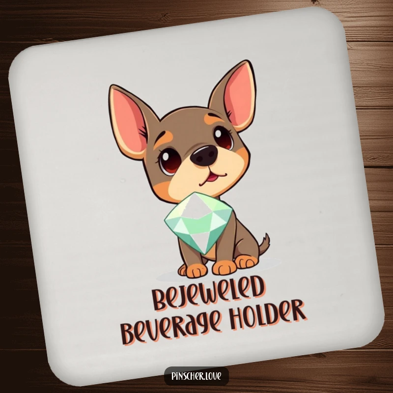 Funny Pinscher Coasters featuring a dog curiously gazing at a sparkling gem, adding humor and elegance to tables.