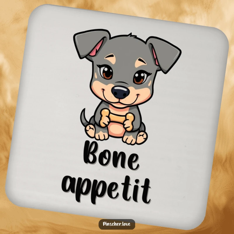 Funny Pinscher Coaster: A dog with a mischievous glint holds a tiny bone, offering playful surface protection.