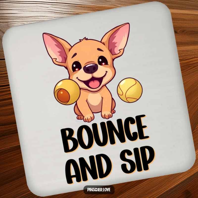 Funny drink coaster featuring a pinscher with perked ears, barking at a bouncing ball, adding a fun dog theme.