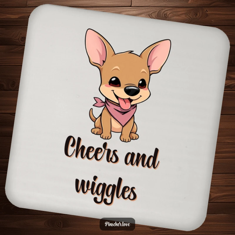 Funny drink coaster featuring a pinscher character in a tiny bandana, wiggling with pure joy, bringing cute decor.