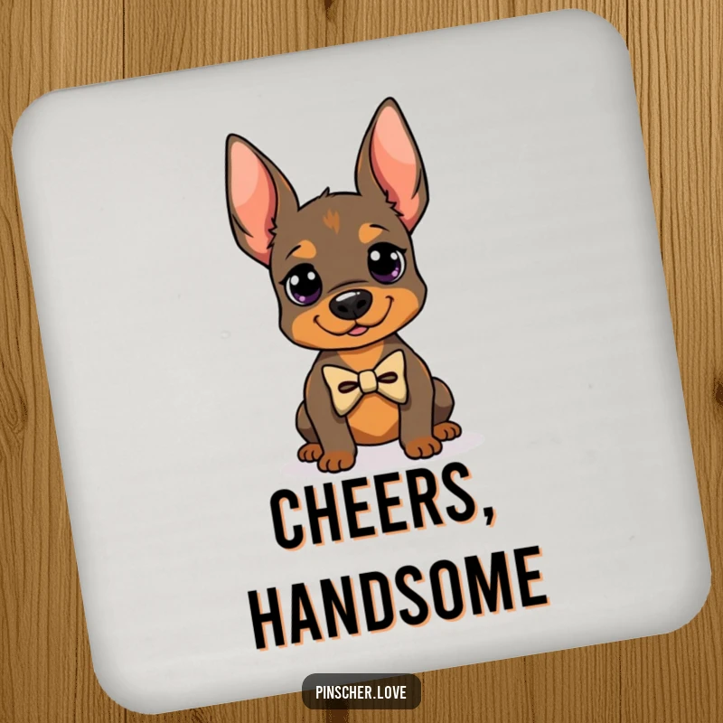 Funny drink coaster with a Pinscher dog in a bowtie, posing proudly, protects furniture, perfect funny gift for home decor.