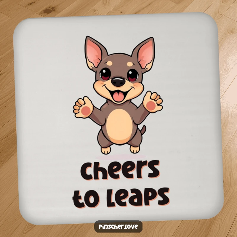 Funny drink coaster featuring a pinscher in a happy jump, front paws reaching up, adding joyful dog decor.