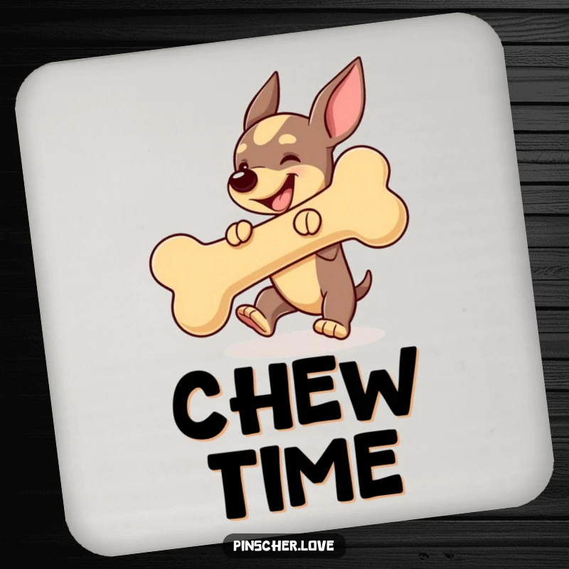 Funny Pinscher dog coaster, gleefully bouncing a giant squeaky bone, bringing playful energy to your surfaces.
