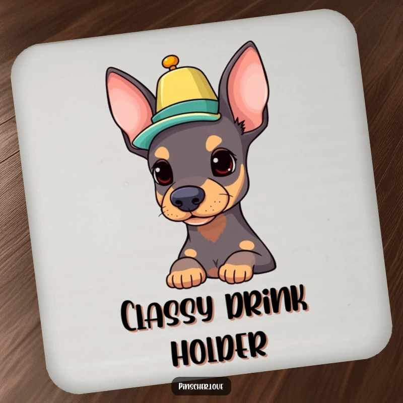 Funny Pinscher coasters featuring a proud dog balancing a colorful hat on its nose, perfect for adding dapper charm to any table.