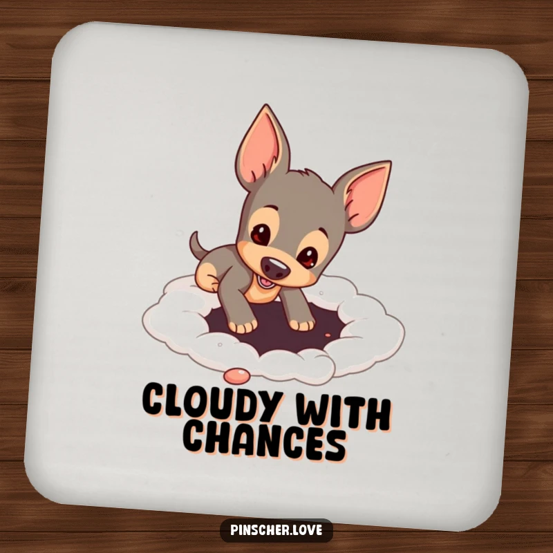 Funny pinscher dog digging a hole in a soft cloud-like surface on a drink coaster, adding whimsical humor