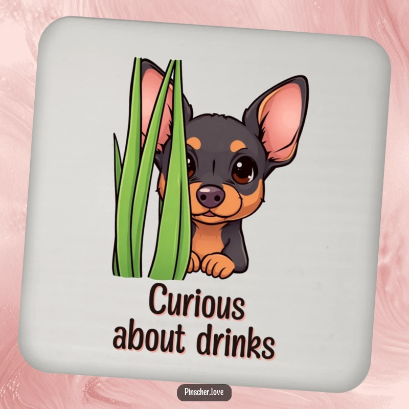 Funny curious pinscher coaster, featuring a small dog peeking from behind grass, adding subtle humor to surface protection.