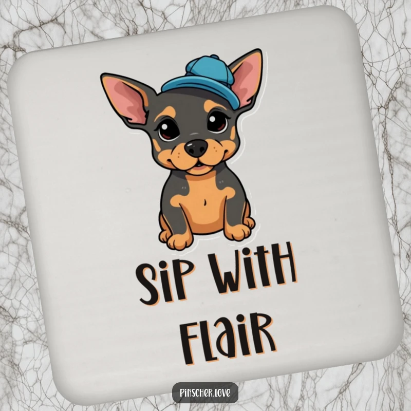 Funny drink coasters featuring a proud Pinscher posing, wearing a tiny, jaunty cap tilted jauntily.