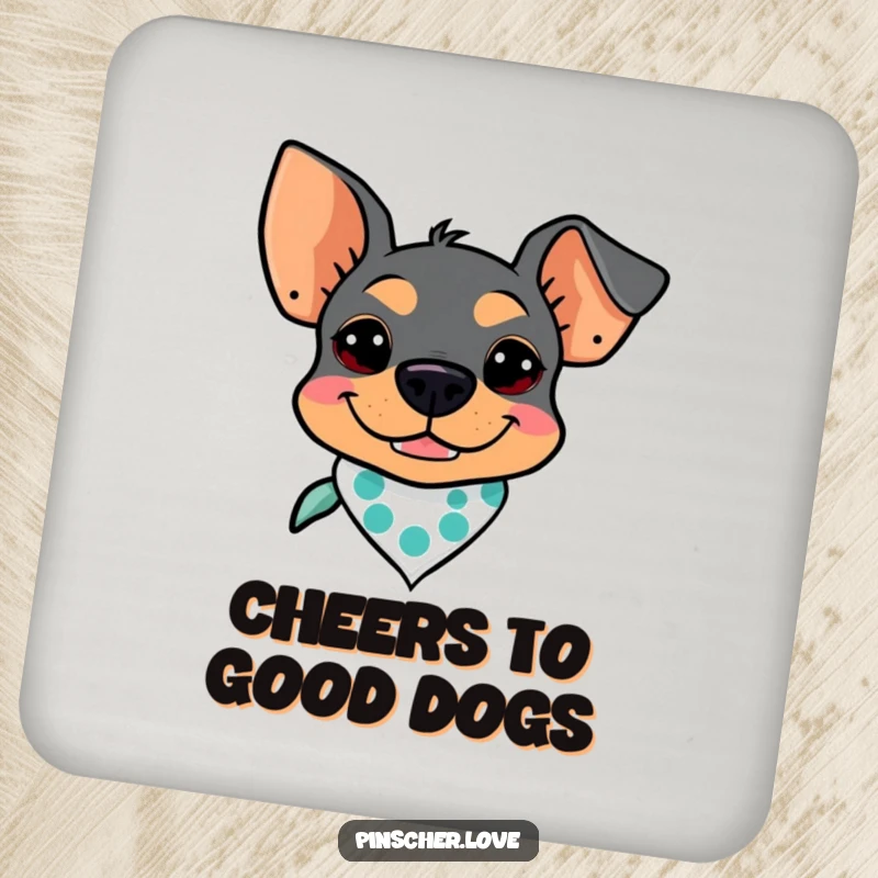 Funny Pinscher Coaster: A dog with a goofy grin and a bandana, protecting surfaces with canine charm.