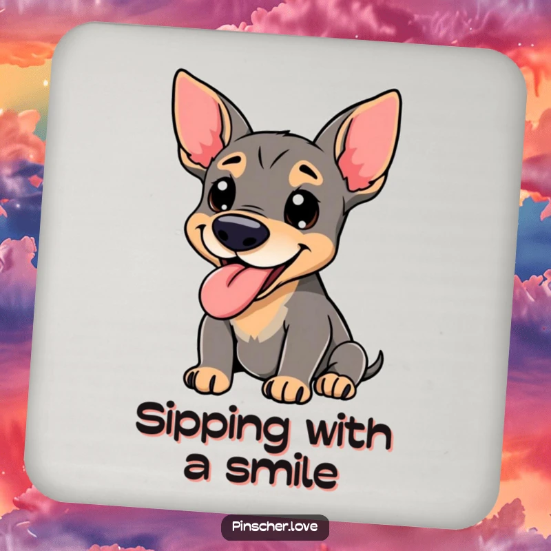 Funny Pinscher Coaster - A happy pinscher dog panting with its tongue lolling out, adding a humorous and protective touch to your drink station.