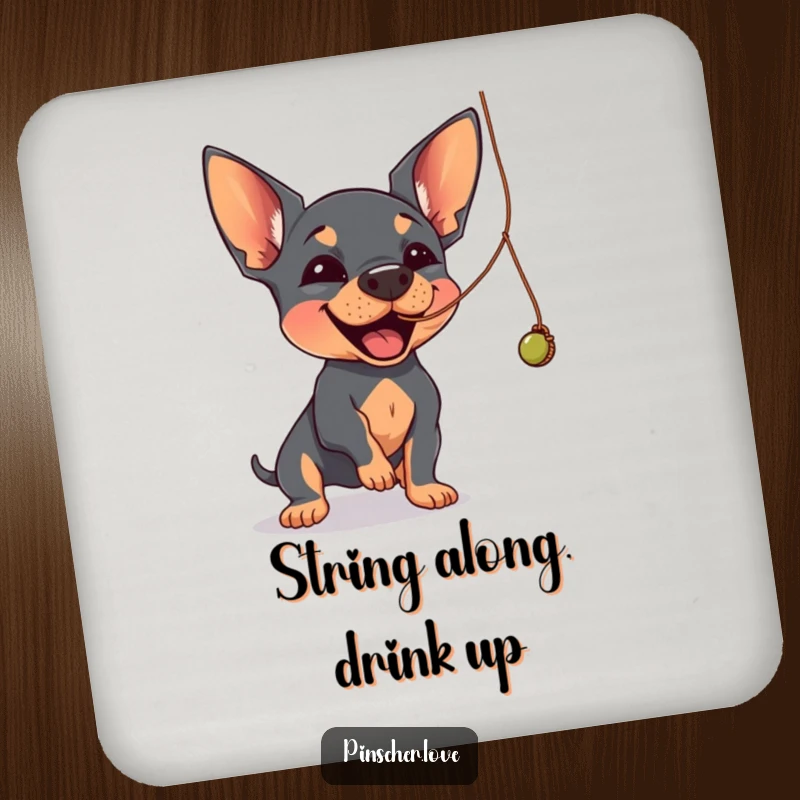 Funny Pinscher drink coaster depicting a Pinscher dog joyfully batting at a dangling, wobbly string.