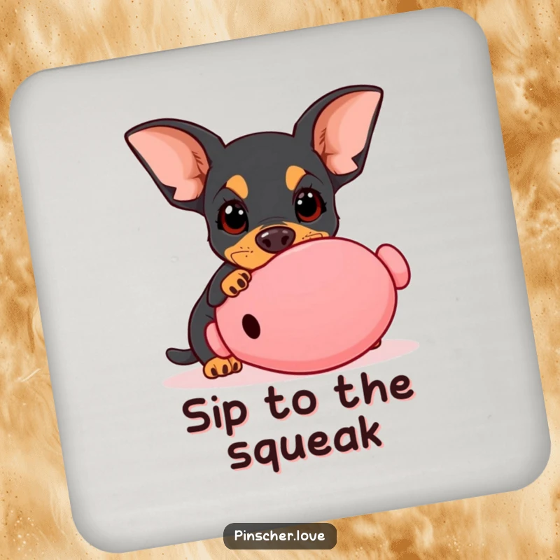 Funny Pinscher coaster set, absorbent coasters with dog with wide innocent eyes playfully nudging a giant squeaky toy, playful table, gift.