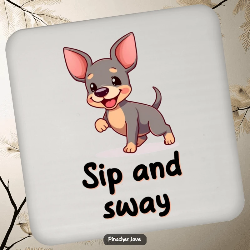 Funny Pinscher Dance Coasters: Set of coasters featuring a pinscher in a joyful dance, its tail a blur, adding a humorous touch.