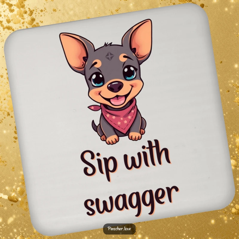 Funny drink coaster featuring a pinscher with a playful grin and a tiny bandana, adding cool dog decor.