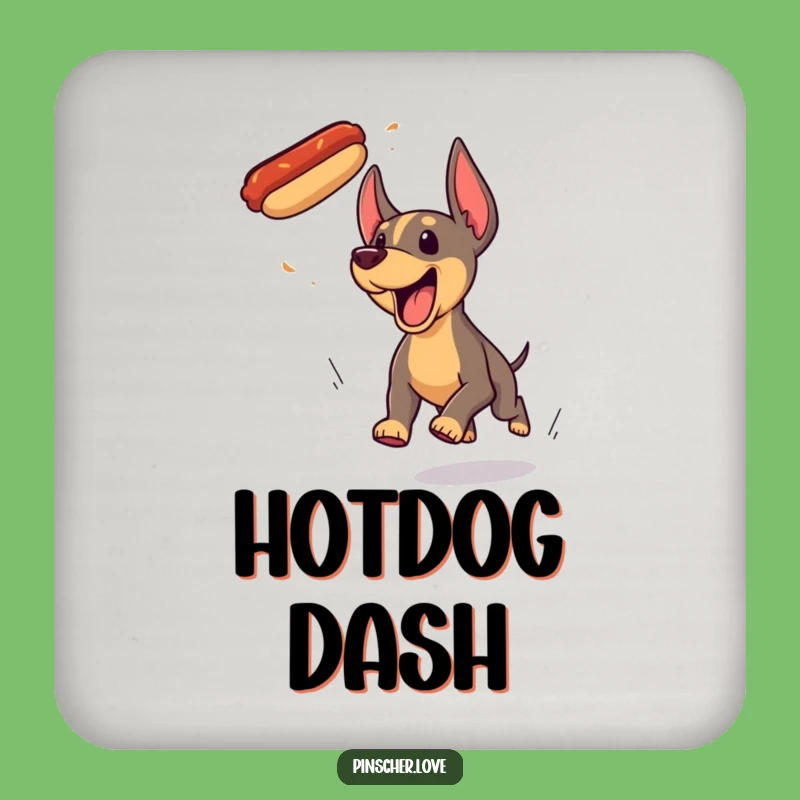 Funny Pinscher Hotdog Chase Coaster - Protect Surfaces with Canine Comedy Gift