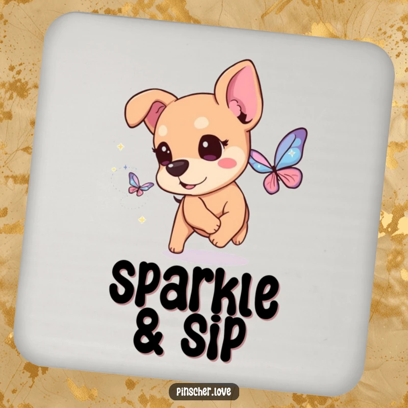 Funny Pinscher Coaster: A happy pinscher dog with twinkling eyes chases a butterfly made of magical sparkles.
