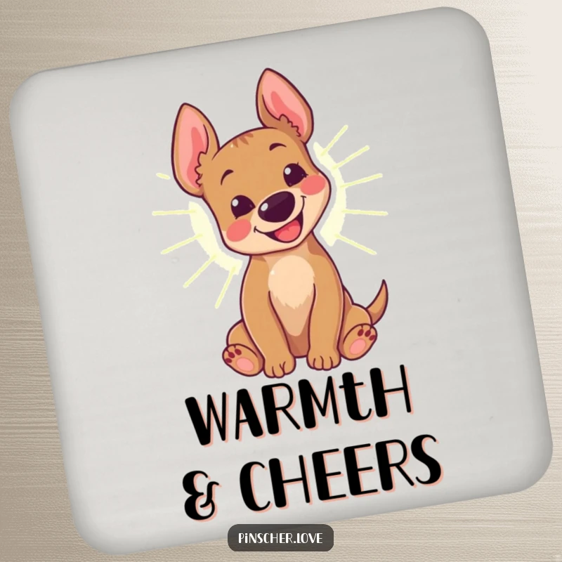 Funny Pinscher Coaster: A happy pinscher dog rolls in a sunbeam, its bark full of joy, protecting your furniture.