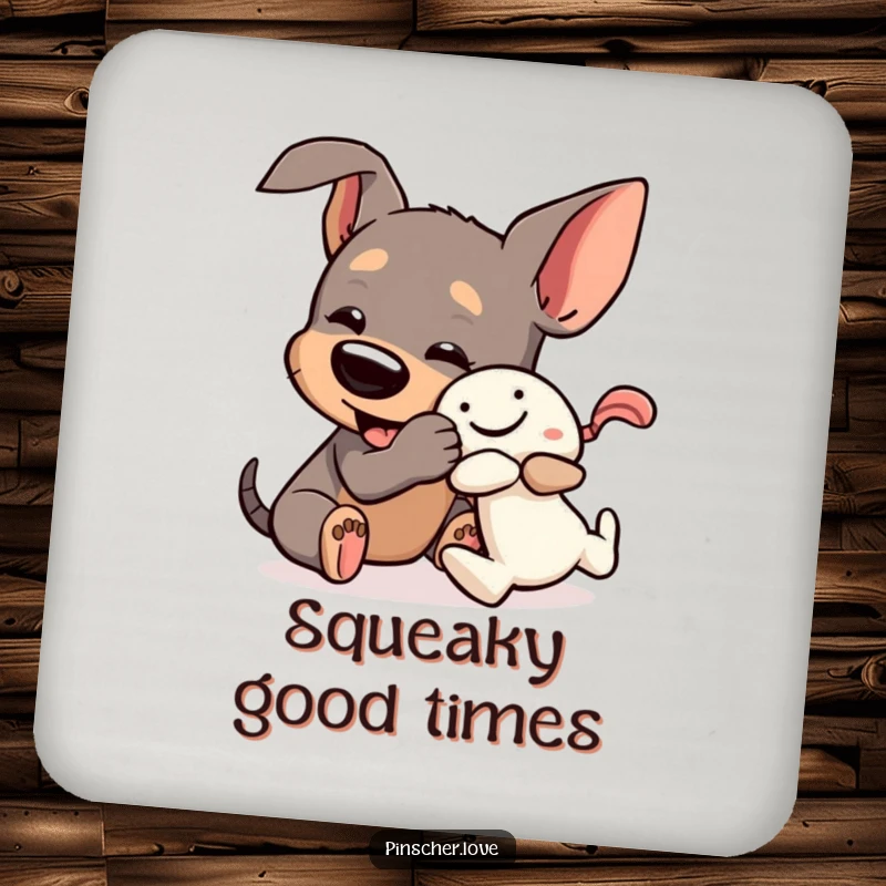 Funny Pinscher Coaster: A dog playfully wrestles a squeaky toy, adding humorous protection to furniture.