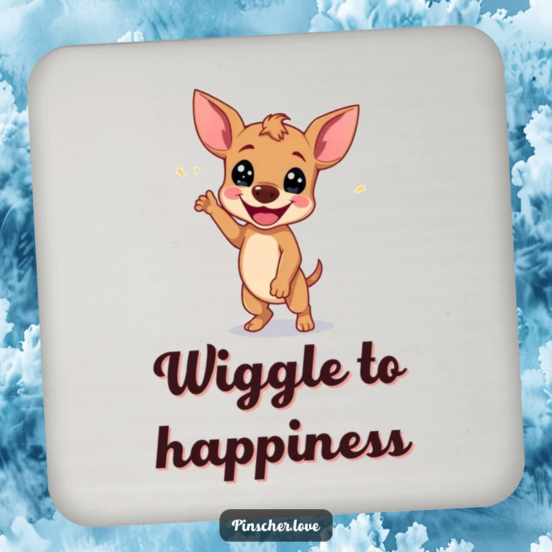 Funny Pinscher Coaster: A dog does a happy wiggle dance, offering joyful protection for surfaces.