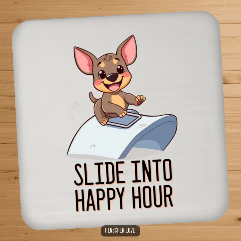 Funny drink coaster with a Pinscher dog sliding down a ramp with glee, protects furniture, perfect funny gift for home decor.