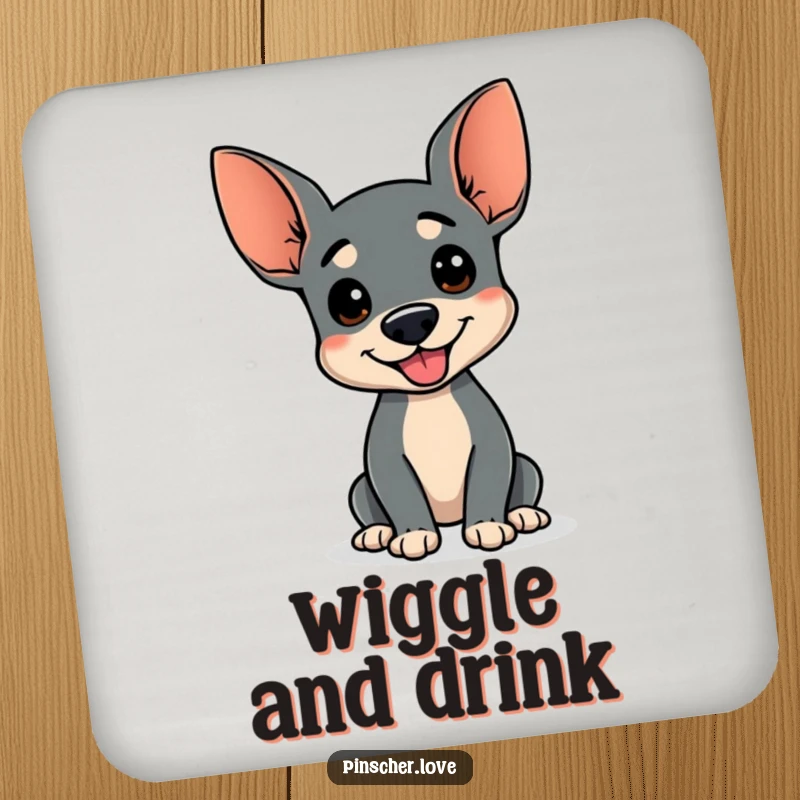 Funny drink coaster with a Pinscher dog doing a happy wiggle, wagging stump, protects furniture, perfect funny gift for home decor.