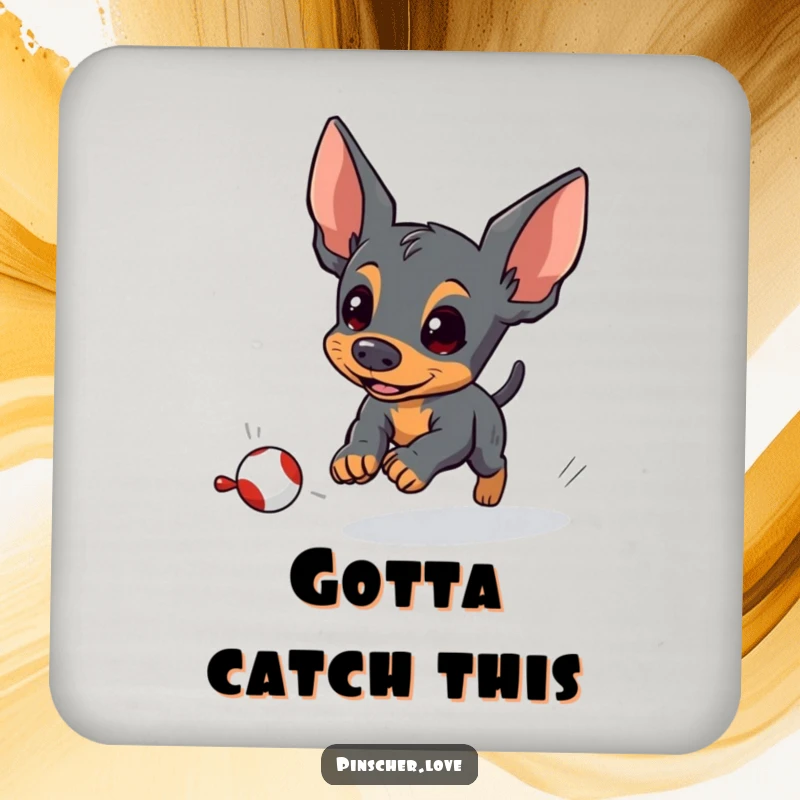 Funny pinscher coasters featuring an energetic pinscher dog chasing a small, fleeing toy, adding playful charm and protecting surfaces.