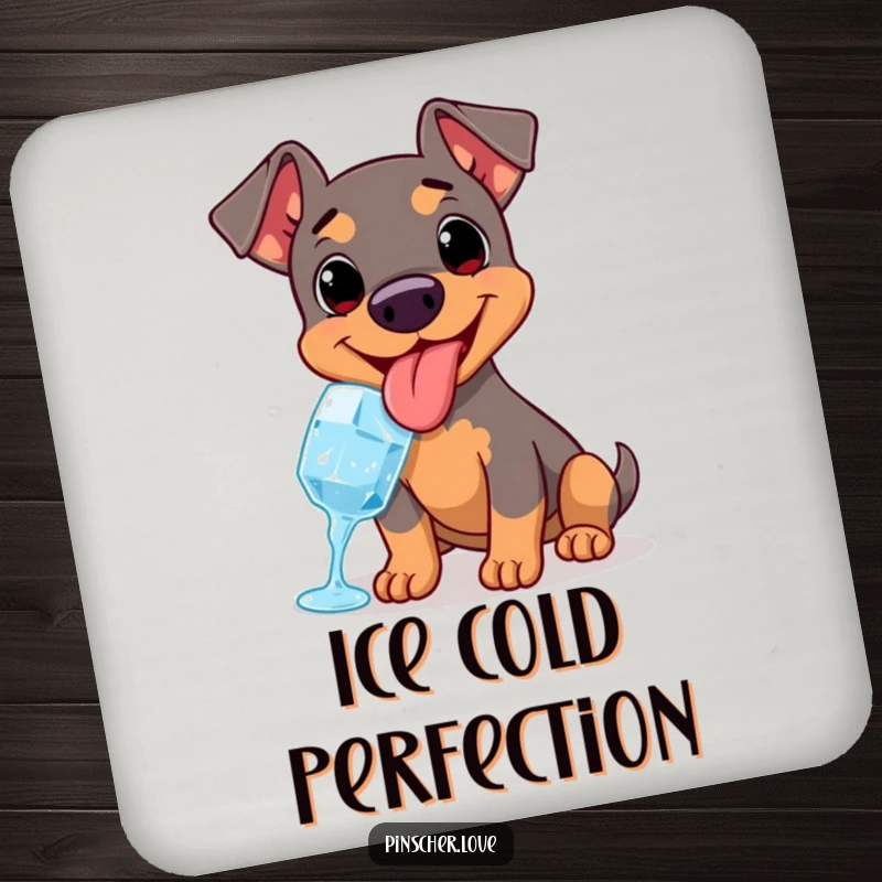 Funny drink coasters featuring a happy Pinscher panting with its tongue out, enjoying a refreshing ice cube.