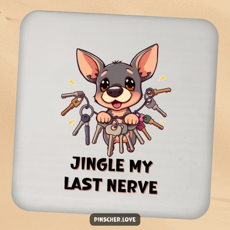 Funny surprised Pinscher dog recoiling from jingling keys, depicted on a protective drink coaster.