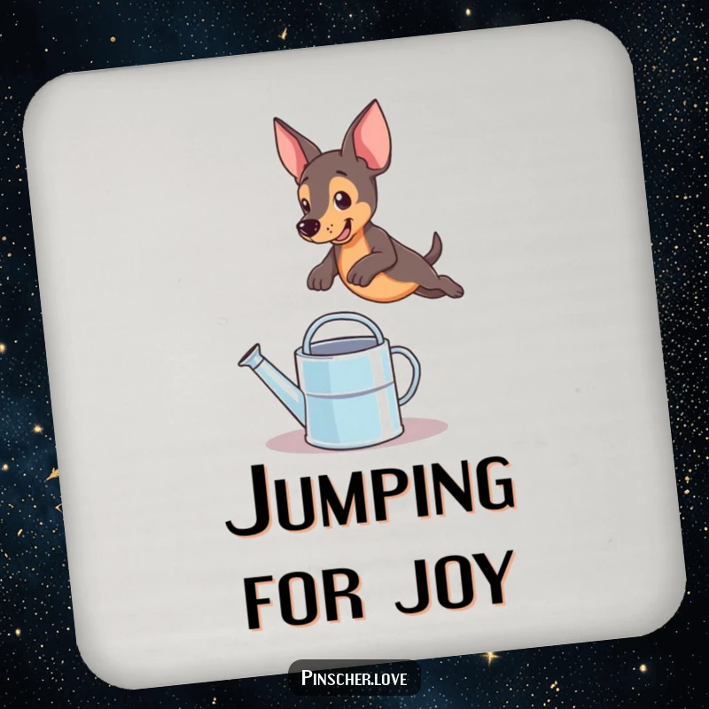 Funny pinscher dog leaping over a watering can on a drink coaster, adding a humorous touch to table surfaces