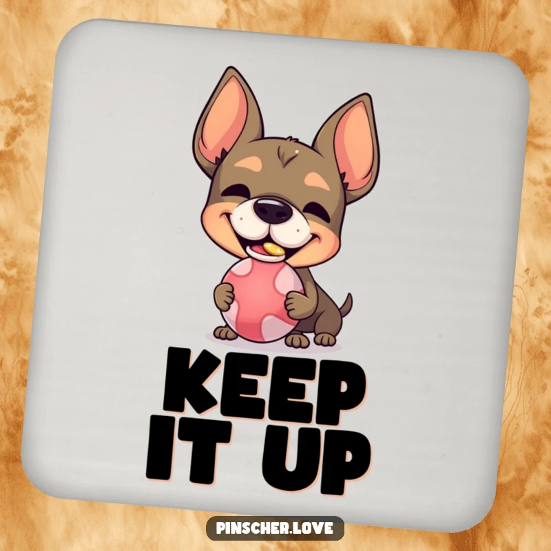 Funny Pinscher character drink coaster, with a silly grin, balancing a ball on its nose, adding a touch of humor to surface protection.