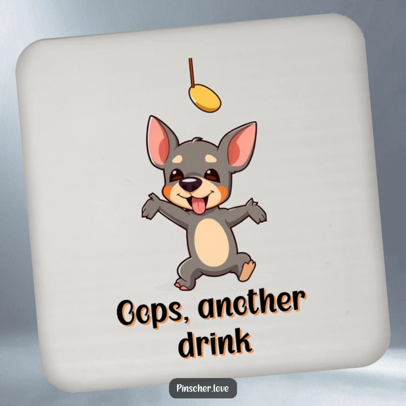 Funny Pinscher Coaster: A pinscher comically falls reaching for a toy, showcasing hilarious determination and playful clumsiness.