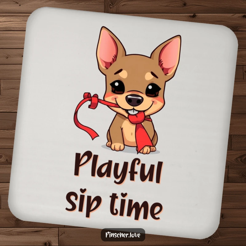 Funny Pinscher coaster depicting a mischievous dog with a grin playfully holding a dangling red ribbon, adding a humorous touch.
