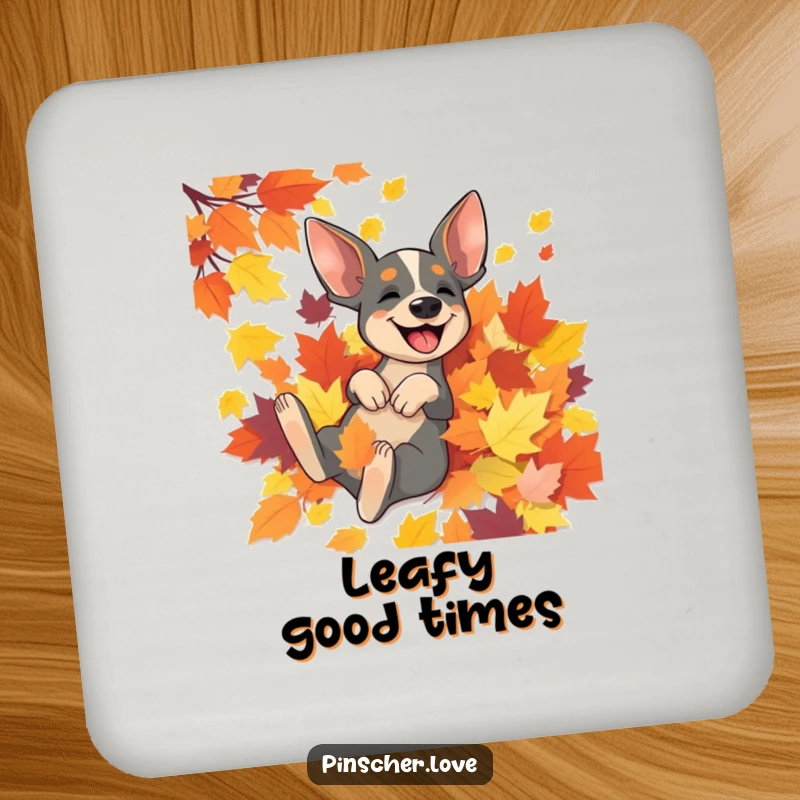 Funny Pinscher coasters featuring a Pinscher dog joyfully rolling in a colorful heap of autumn leaves, adding charm to any table.
