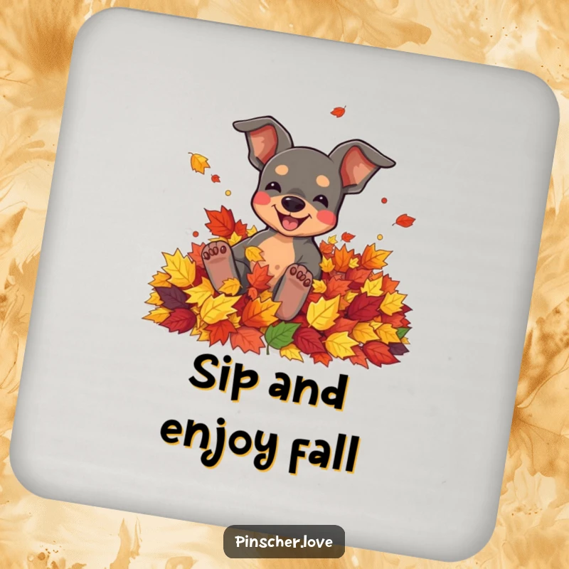 Funny drink coaster with a pinscher character joyfully rolling in a pile of colorful autumn leaves.