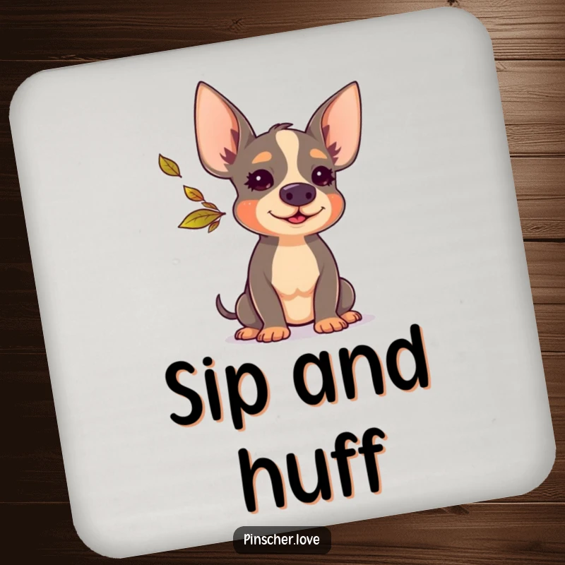 Funny Pinscher coaster featuring a happy Pinscher dog blowing a tiny, colorful autumn leaf, protecting surfaces with charm.