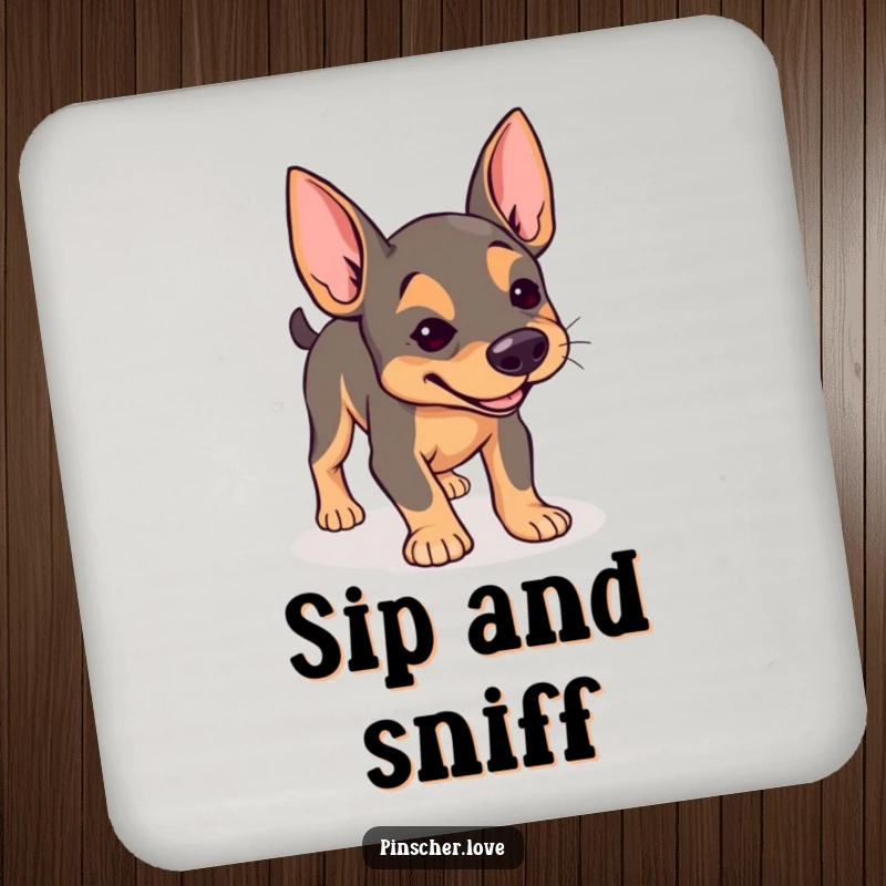 Funny Pinscher coaster set, absorbent coasters with dog with determined expression joyfully sniffing the ground, curious table, gift.